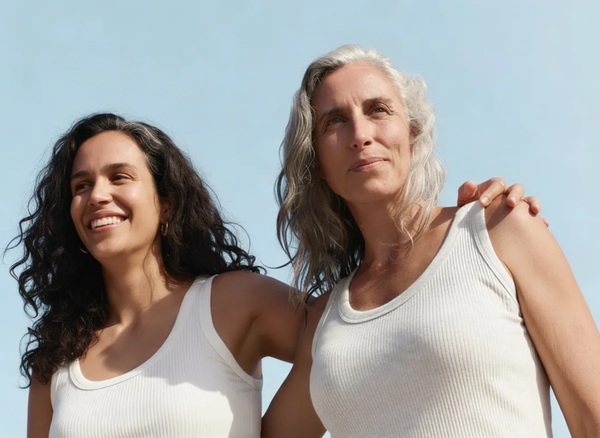 Two women smiling outdoors in white tank tops